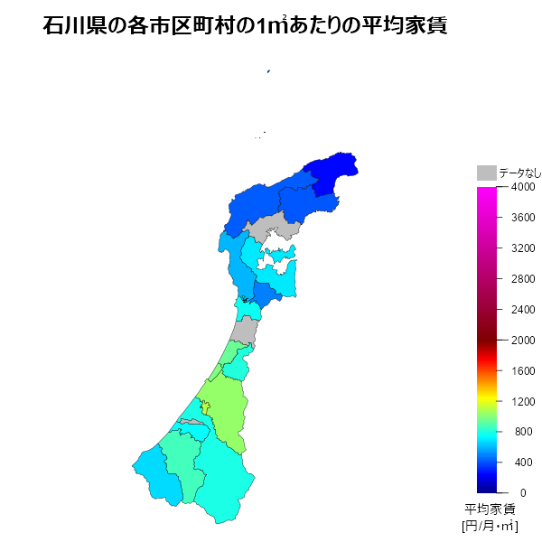 石川県の1㎡あたりの平均家賃