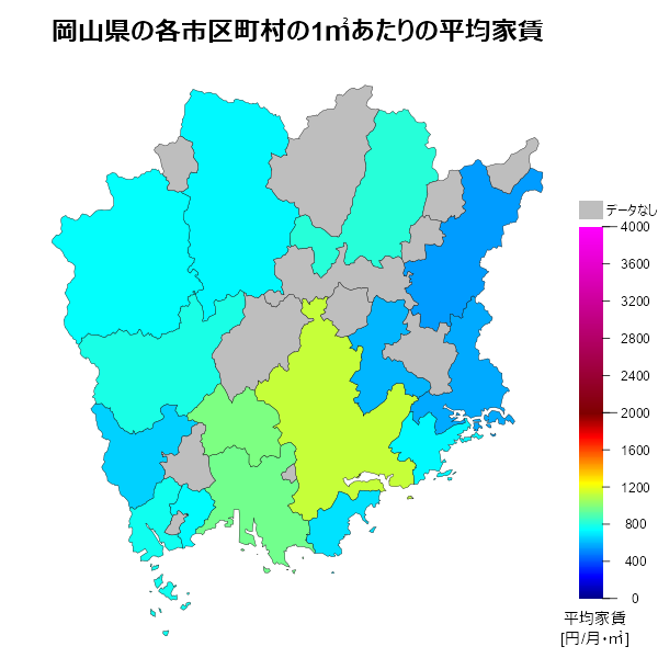 岡山県の1㎡あたりの平均家賃
