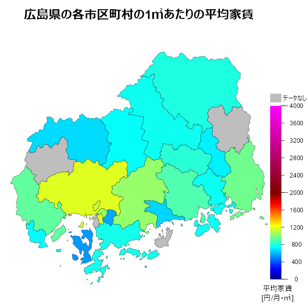 広島県の1㎡あたりの平均家賃