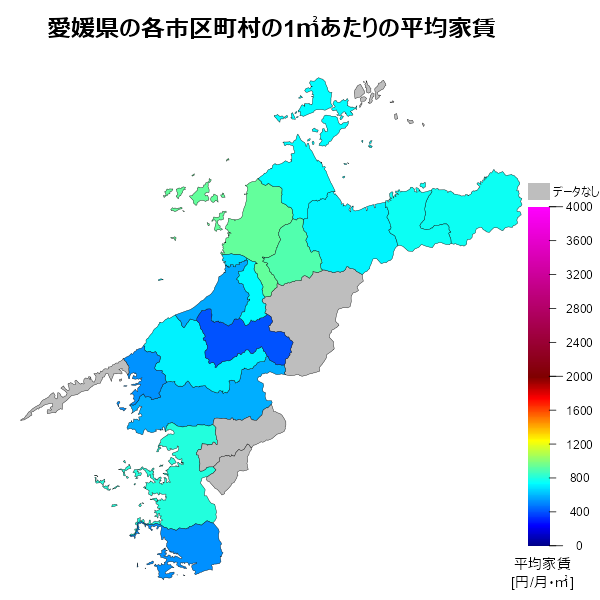 愛媛県の1㎡あたりの平均家賃