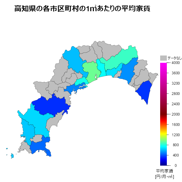 高知県の1㎡あたりの平均家賃