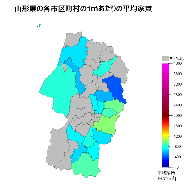 山形県の1㎡あたりの平均家賃
