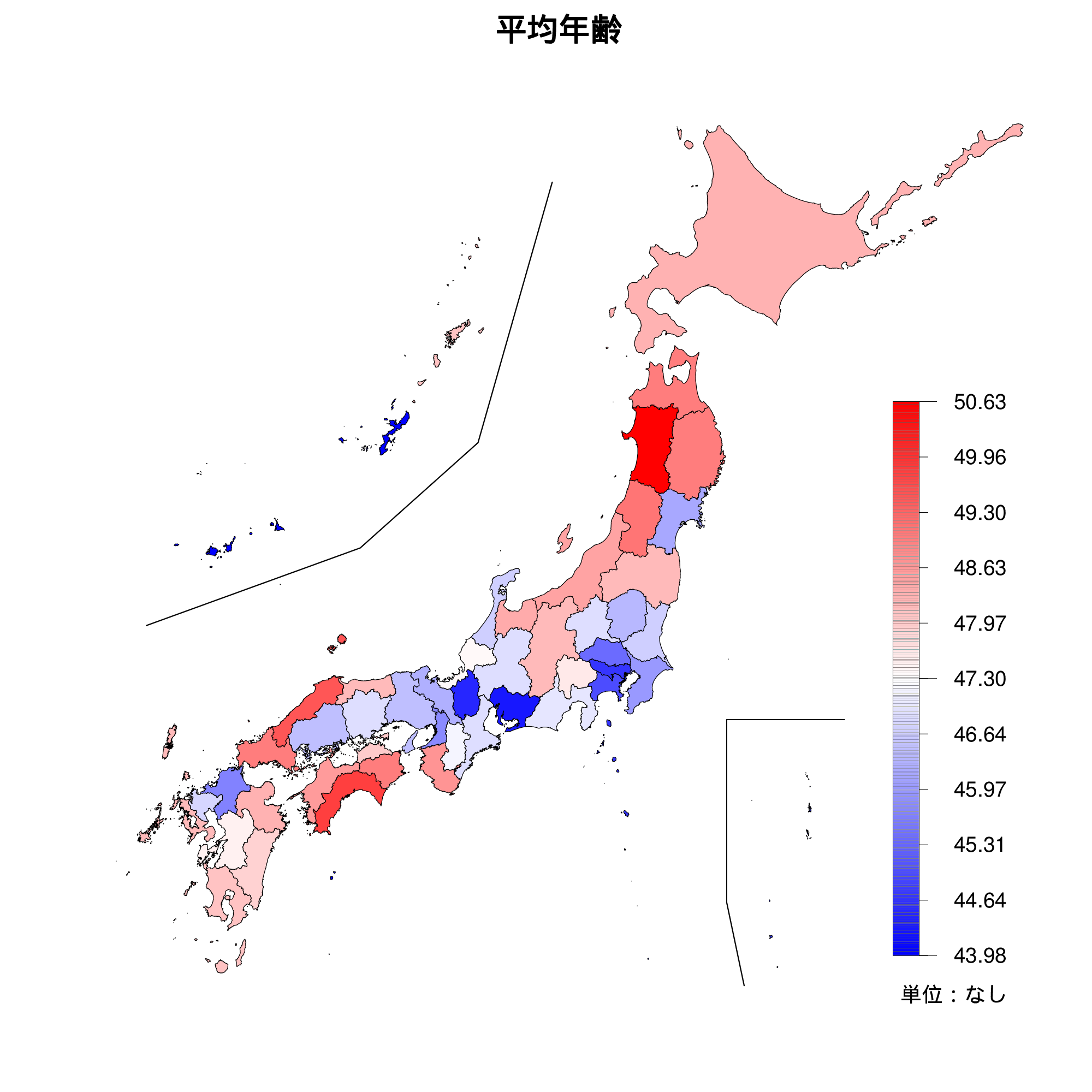 全国都道府県の平均年齢の色分け地図