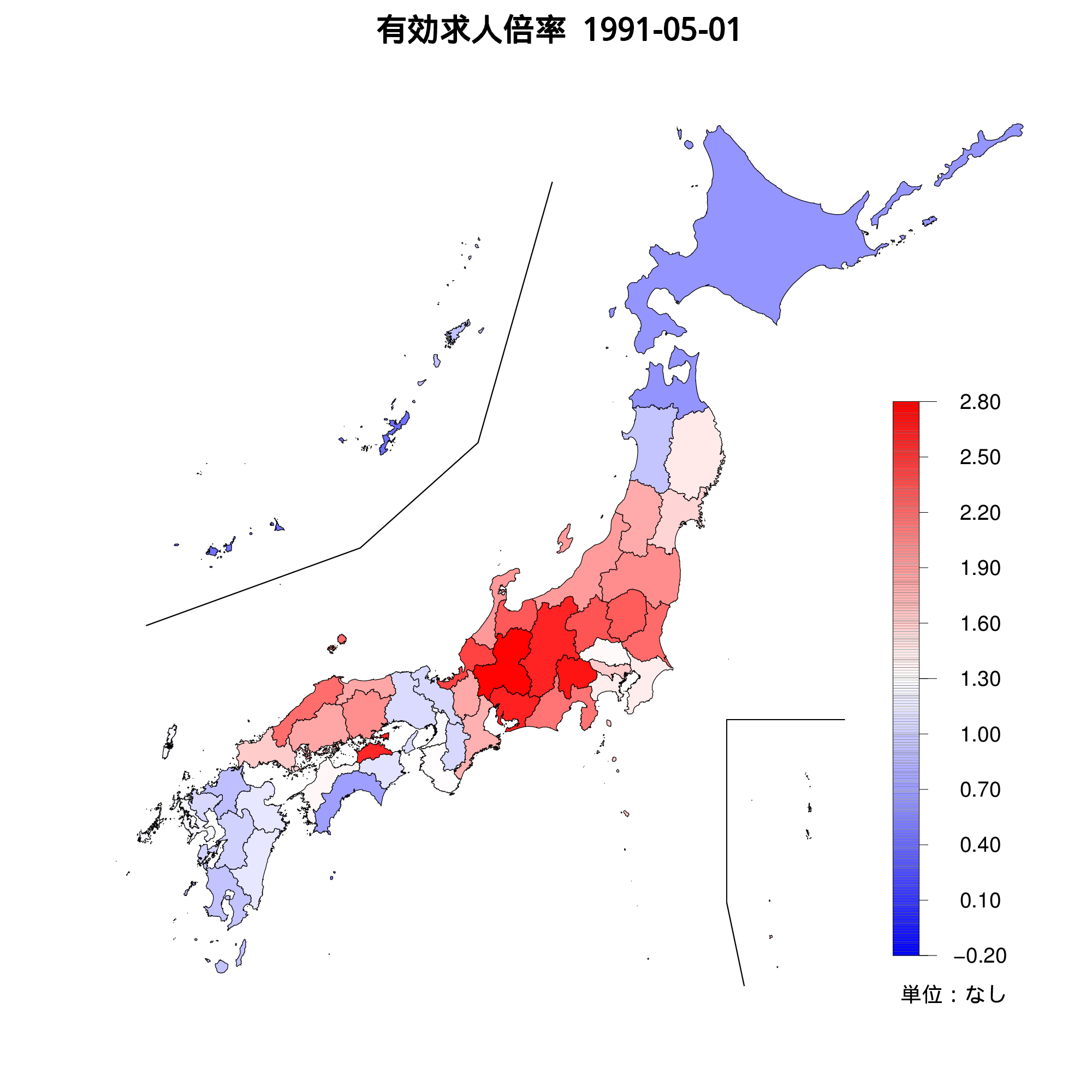 各都道府県の有効求人倍率を示す地図（1991年05月）