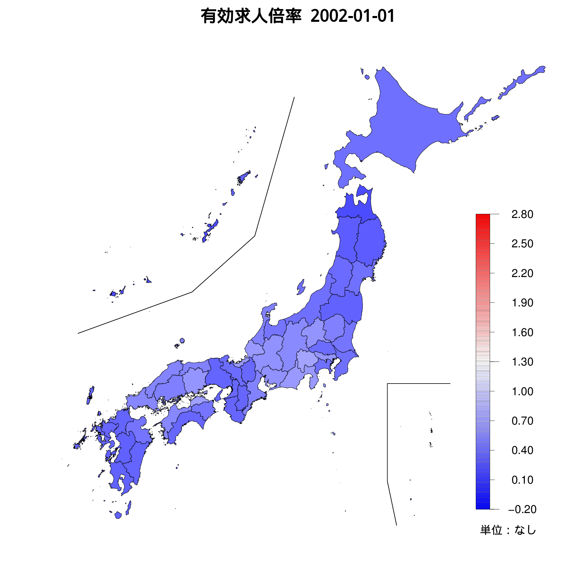 各都道府県の有効求人倍率を示す地図（2002年01月）