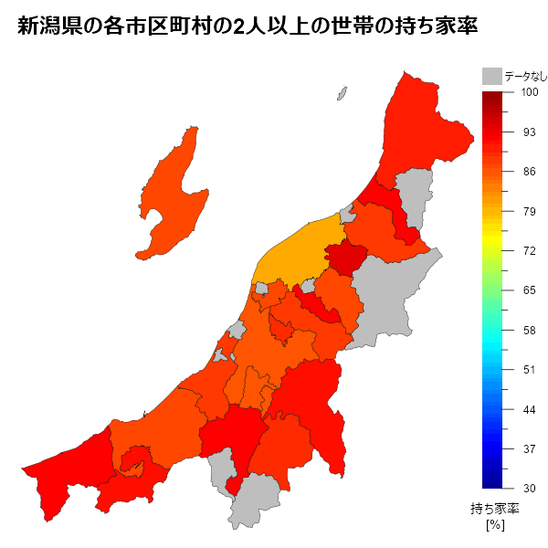 新潟県の各市区町村の2人以上の世帯の持ち家率