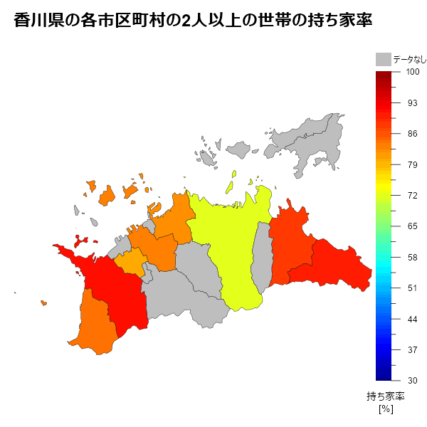 香川県の各市区町村の2人以上の世帯の持ち家率