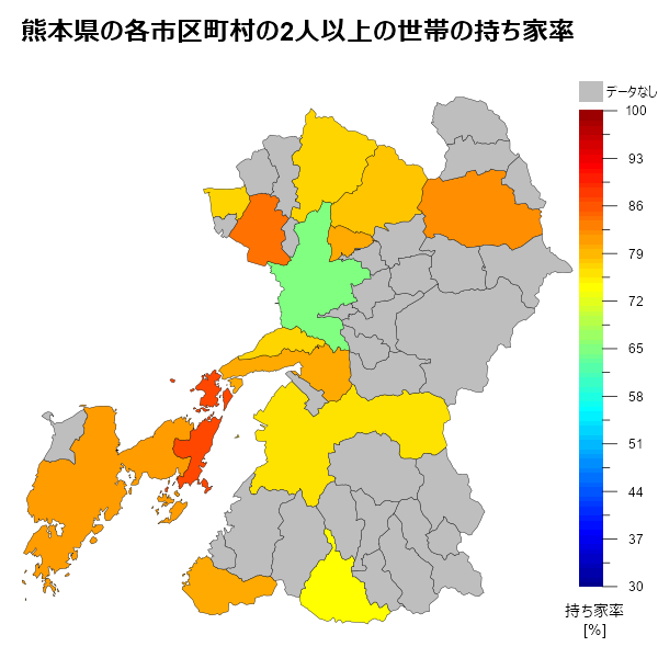 熊本県の各市区町村の2人以上の世帯の持ち家率