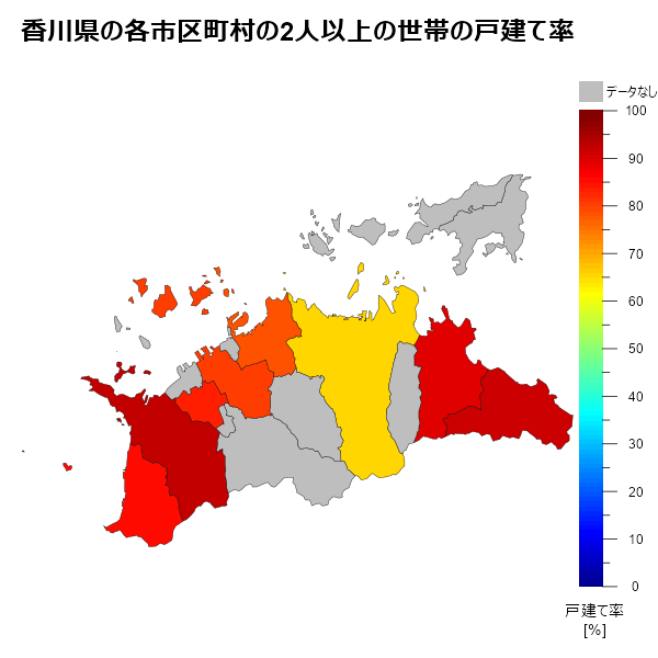 香川県の各市区町村の2人以上の世帯の戸建て率