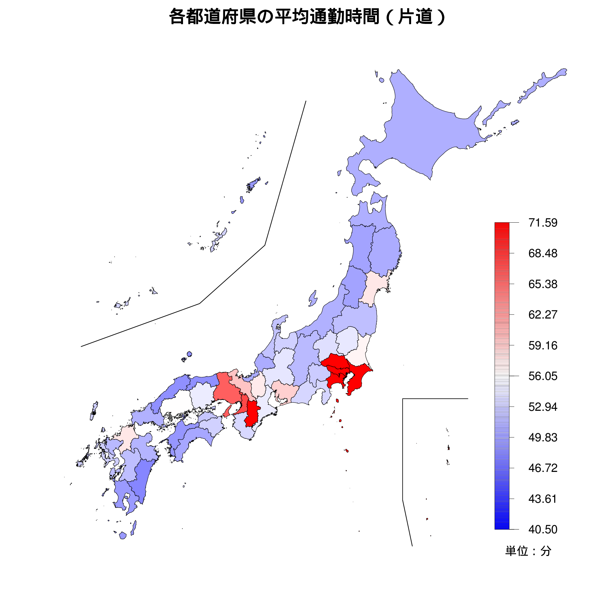 各都道府県の平均通勤時間を示す全国地図