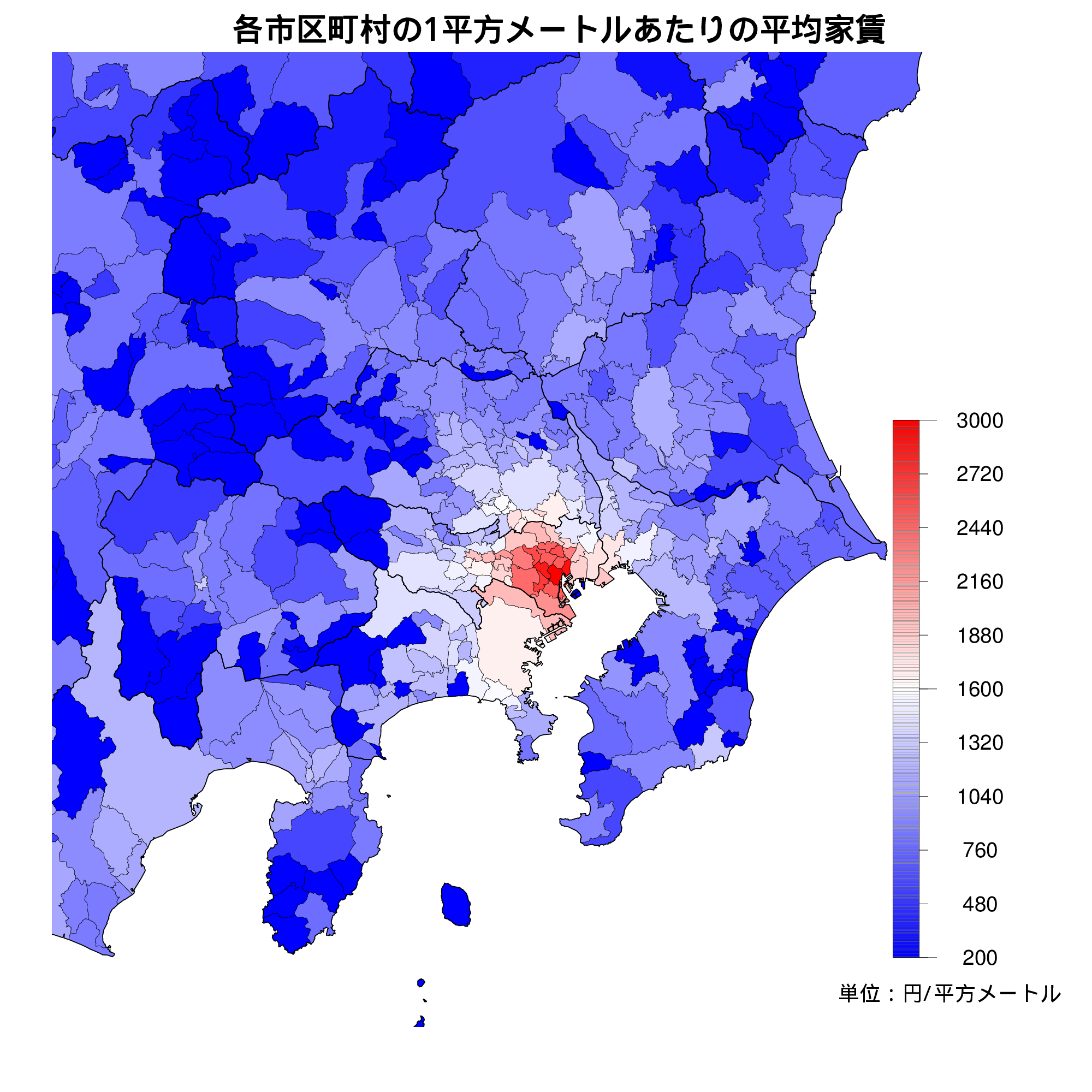 首都圏の1㎡あたりの平均家賃を示す地図