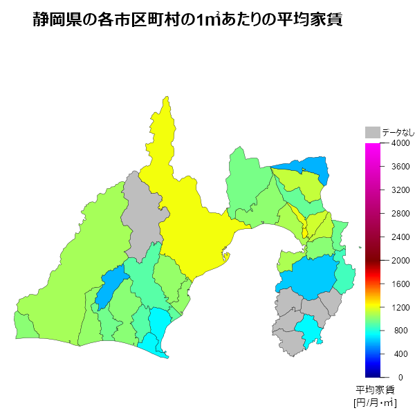 静岡県の1㎡あたりの平均家賃