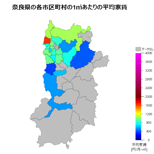 奈良県の1㎡あたりの平均家賃