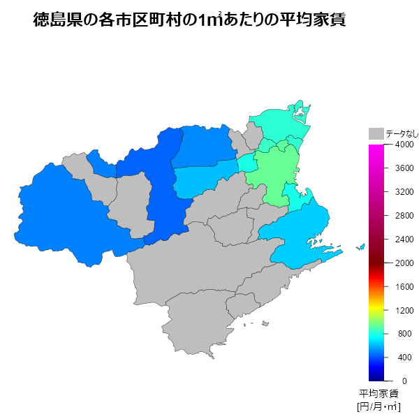 徳島県の1㎡あたりの平均家賃
