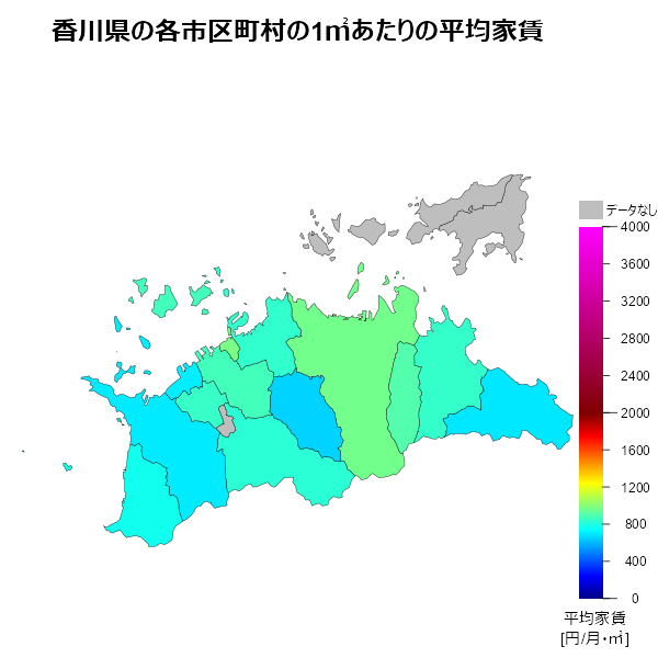 香川県の1㎡あたりの平均家賃