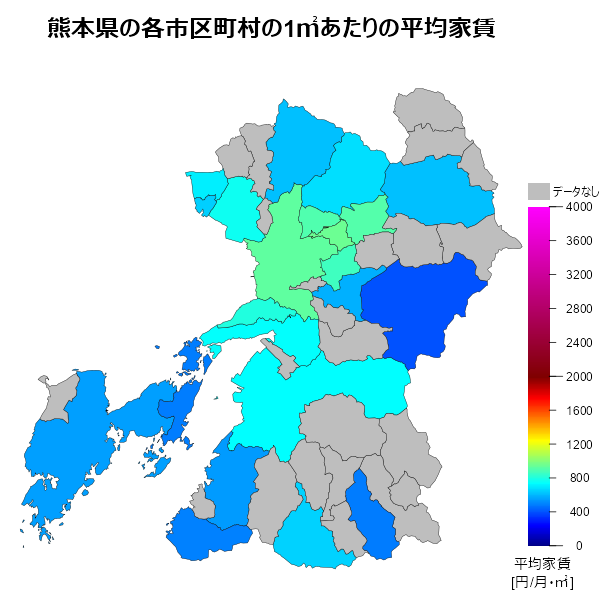 熊本県の1㎡あたりの平均家賃