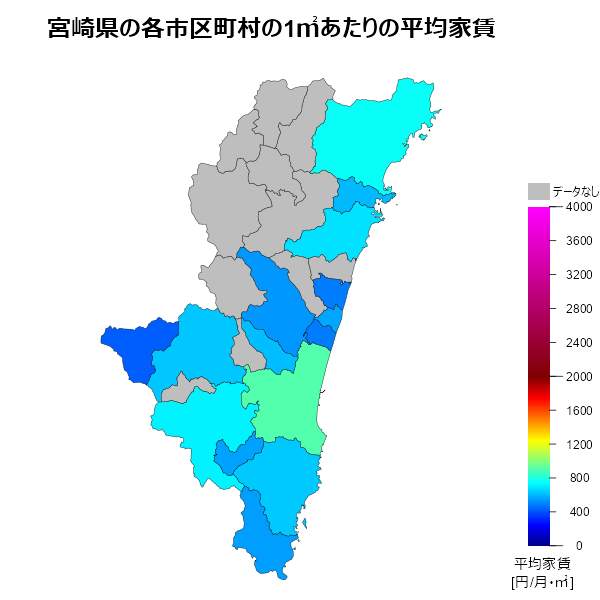 宮崎県の1㎡あたりの平均家賃