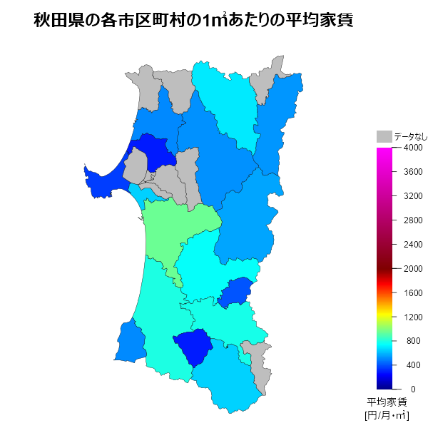 秋田県の1㎡あたりの平均家賃