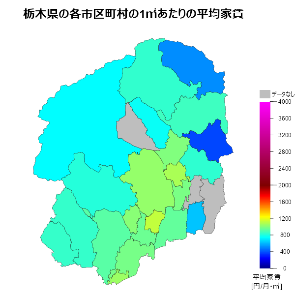 栃木県の1㎡あたりの平均家賃