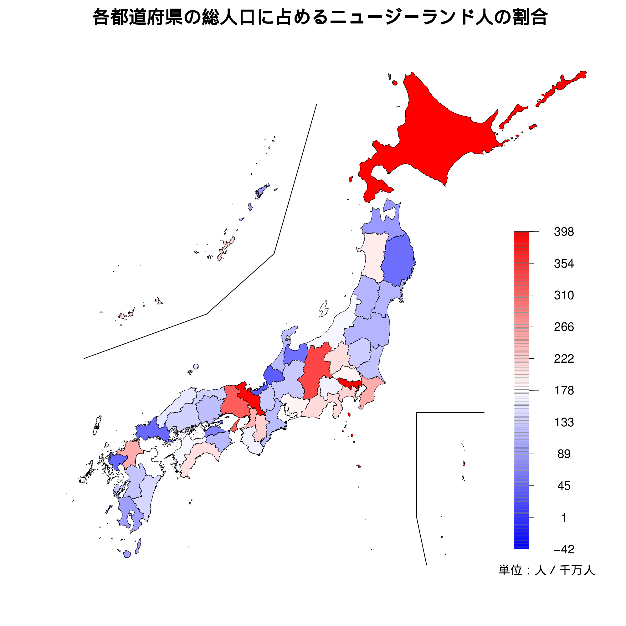 ニュージーランド人の人口比を示す地図