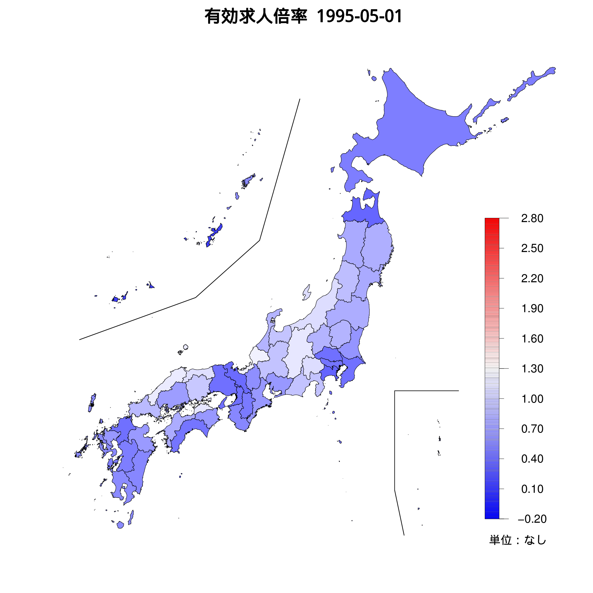 各都道府県の有効求人倍率を示す地図（1995年05月）
