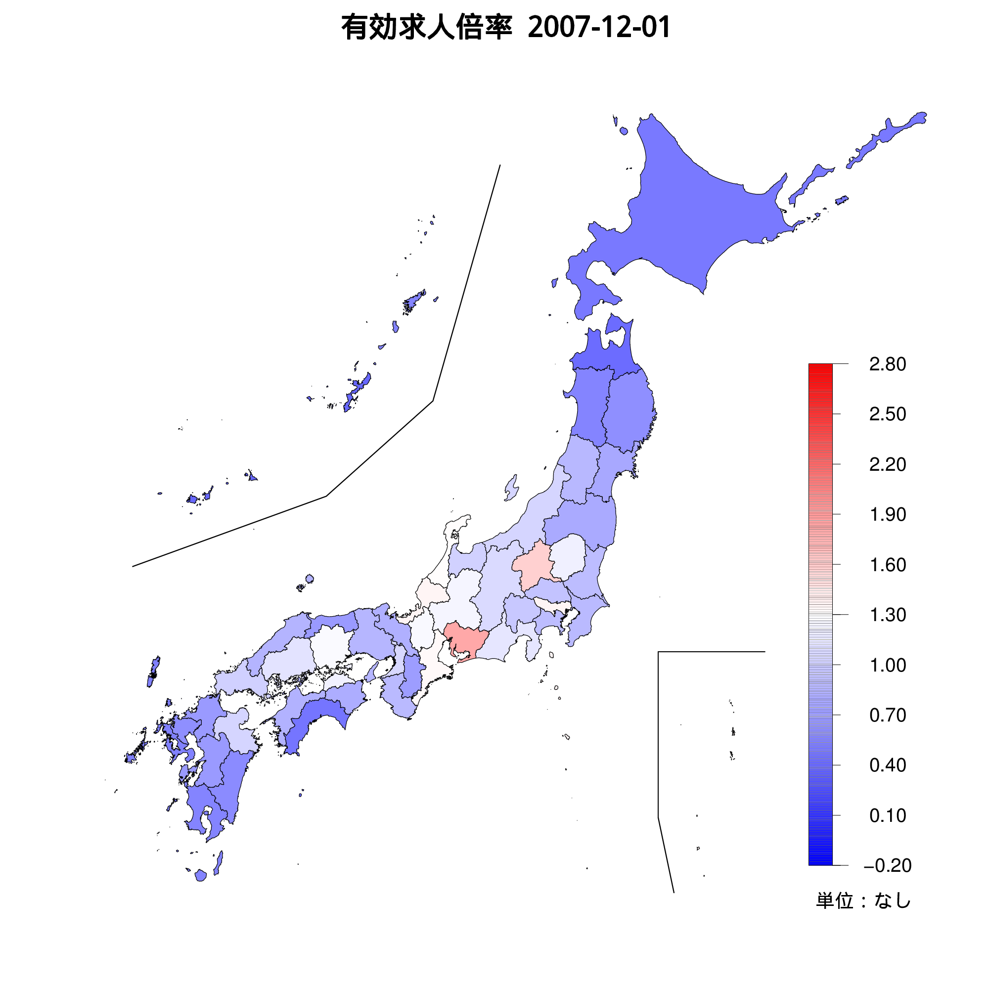 各都道府県の有効求人倍率を示す地図（2007年12月）
