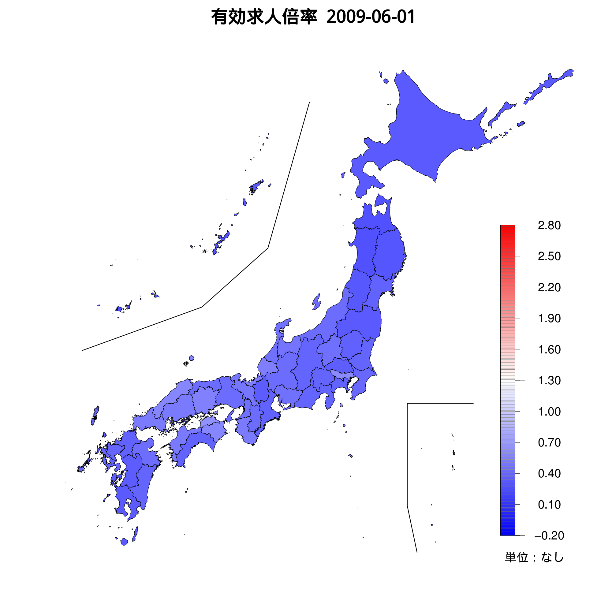 各都道府県の有効求人倍率を示す地図（2009年06月）