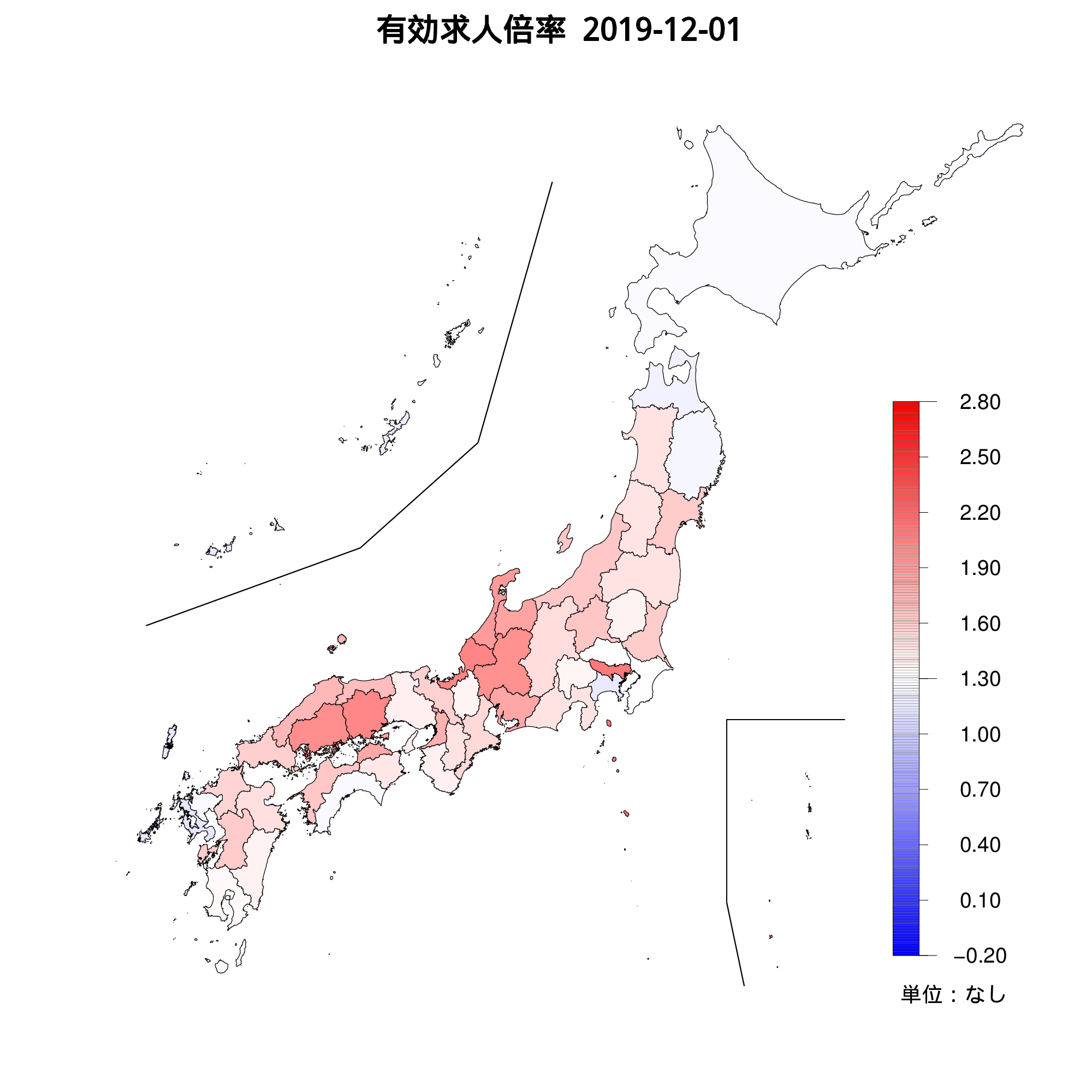 各都道府県の有効求人倍率を示す地図（2019年12月）