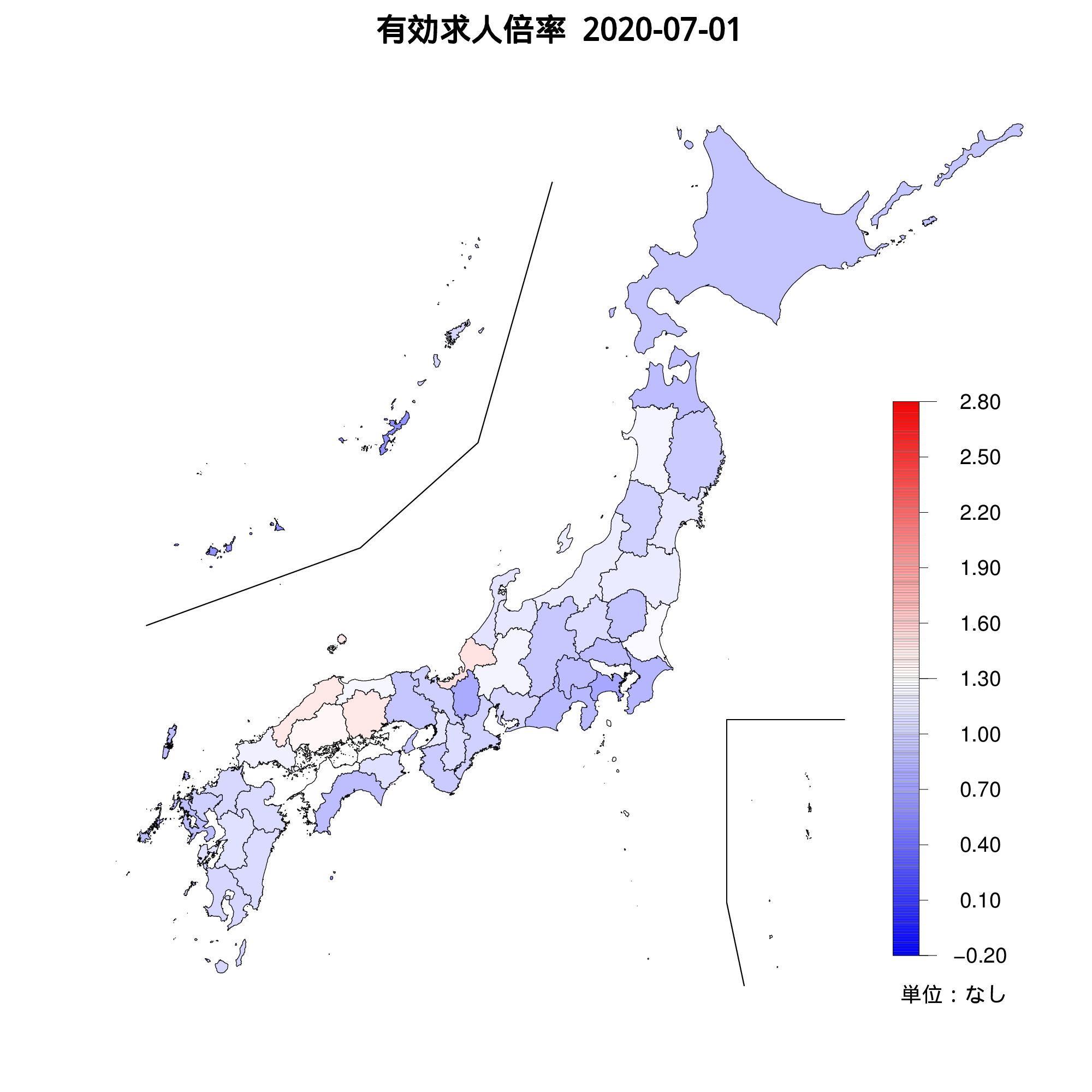 各都道府県の有効求人倍率を示す地図（2020年07月）