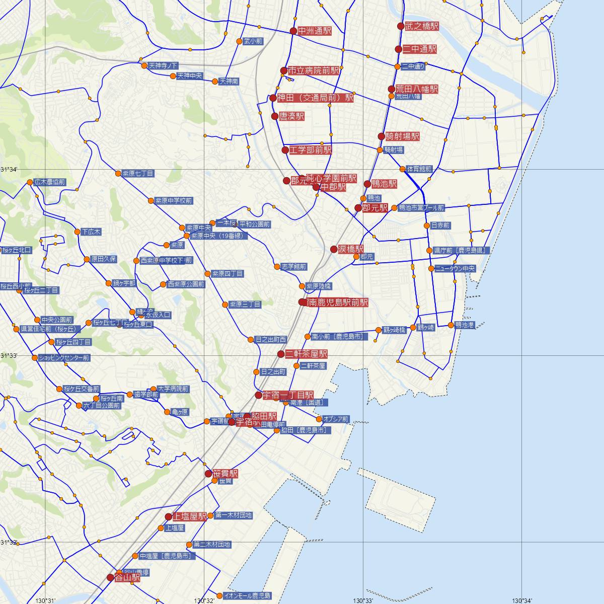 南鹿児島駅（JR九州）周辺のバス路線図