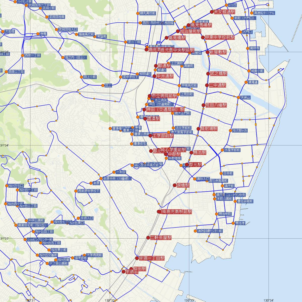 郡元駅（JR九州）周辺のバス路線図