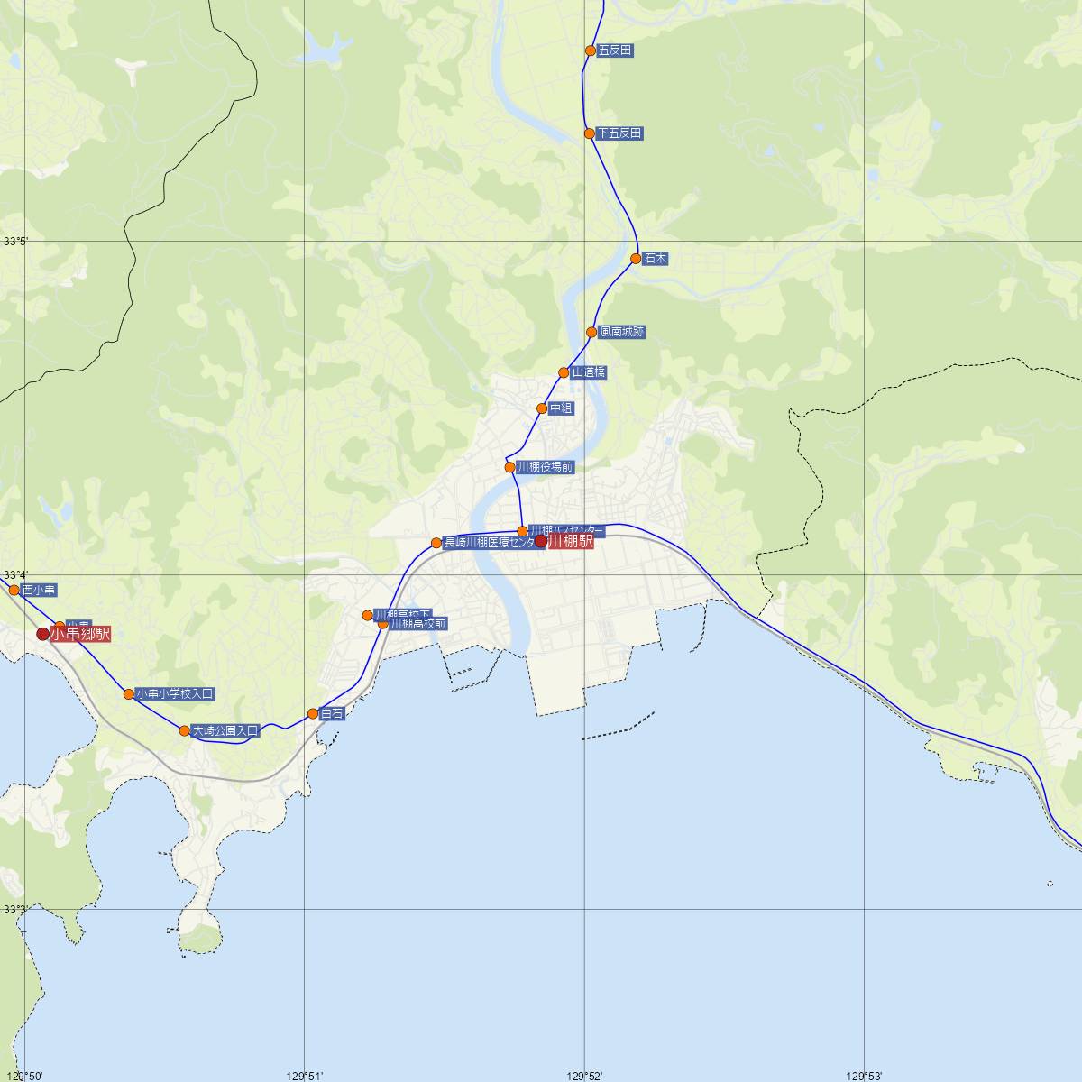 川棚駅（JR九州）周辺のバス路線図