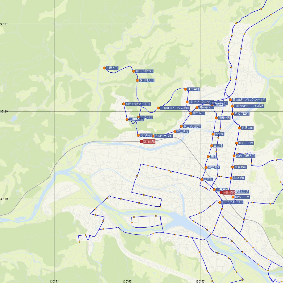 光岡駅（JR九州）周辺のバス路線図