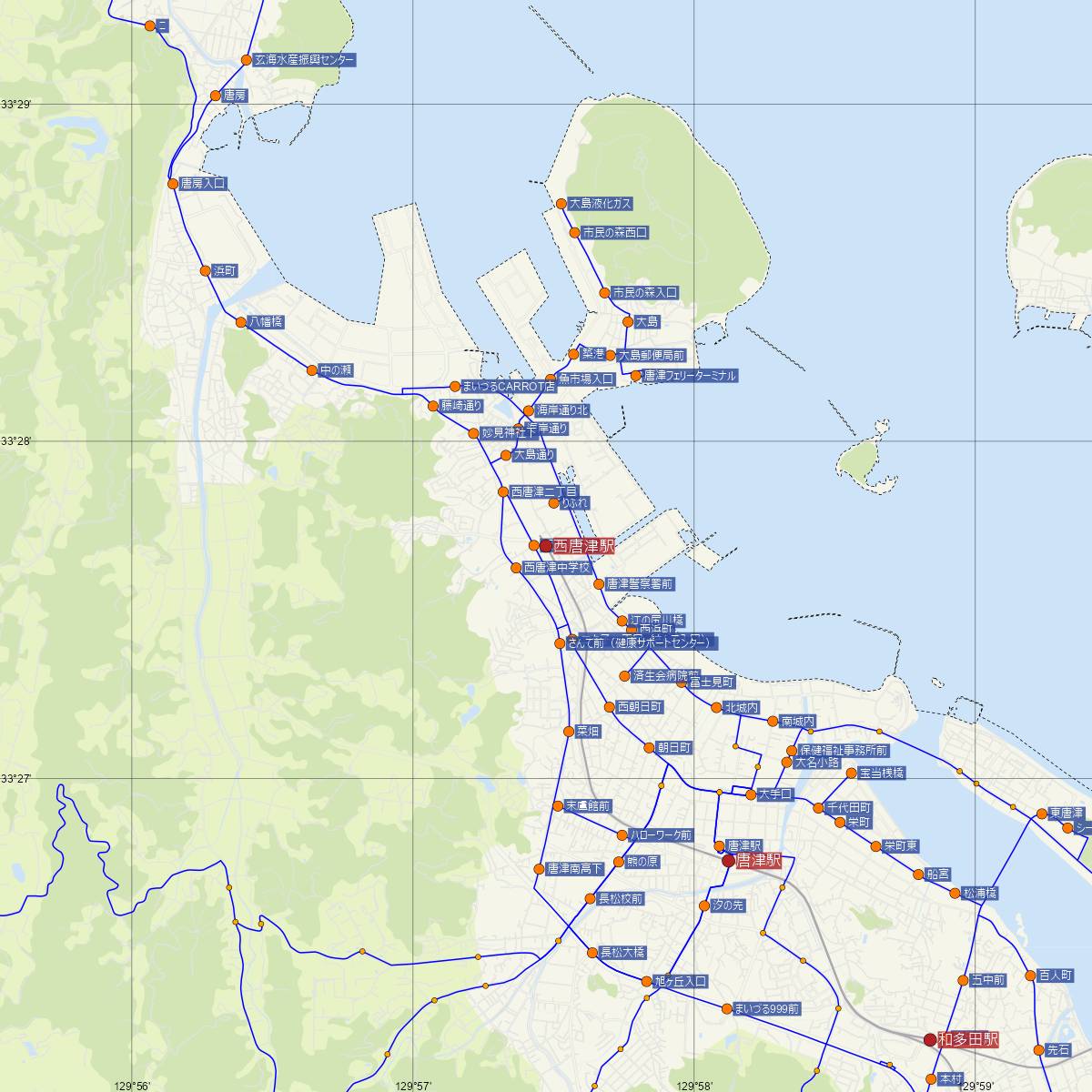 西唐津駅（JR九州）周辺のバス路線図
