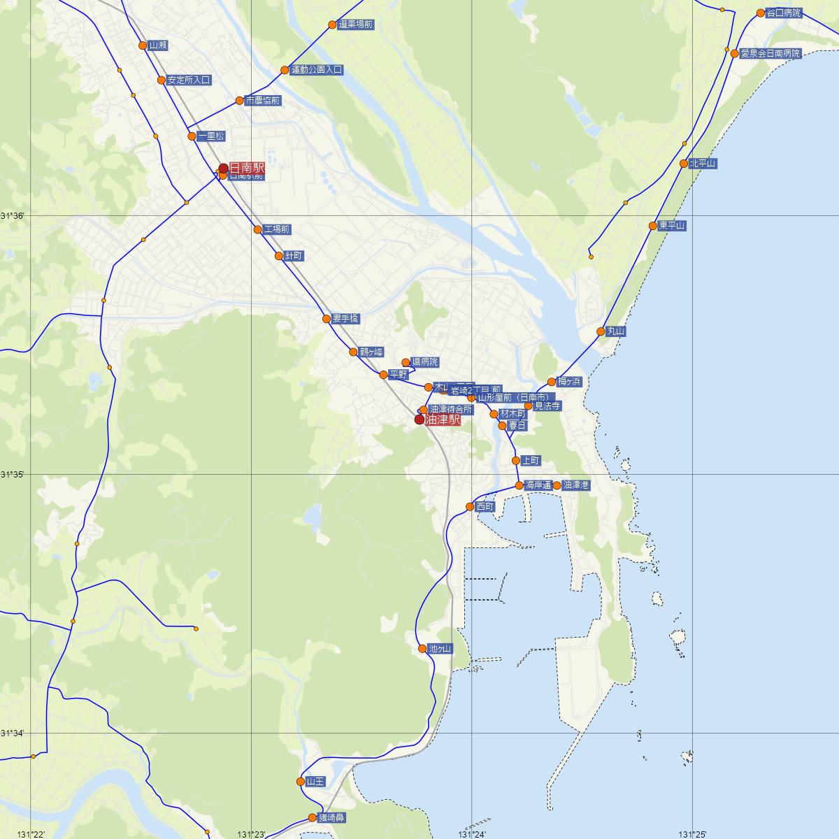 油津駅（JR九州）周辺のバス路線図