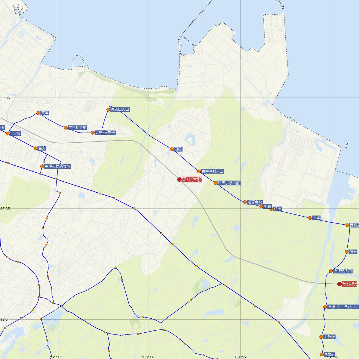 東中津駅（JR九州）周辺のバス路線図