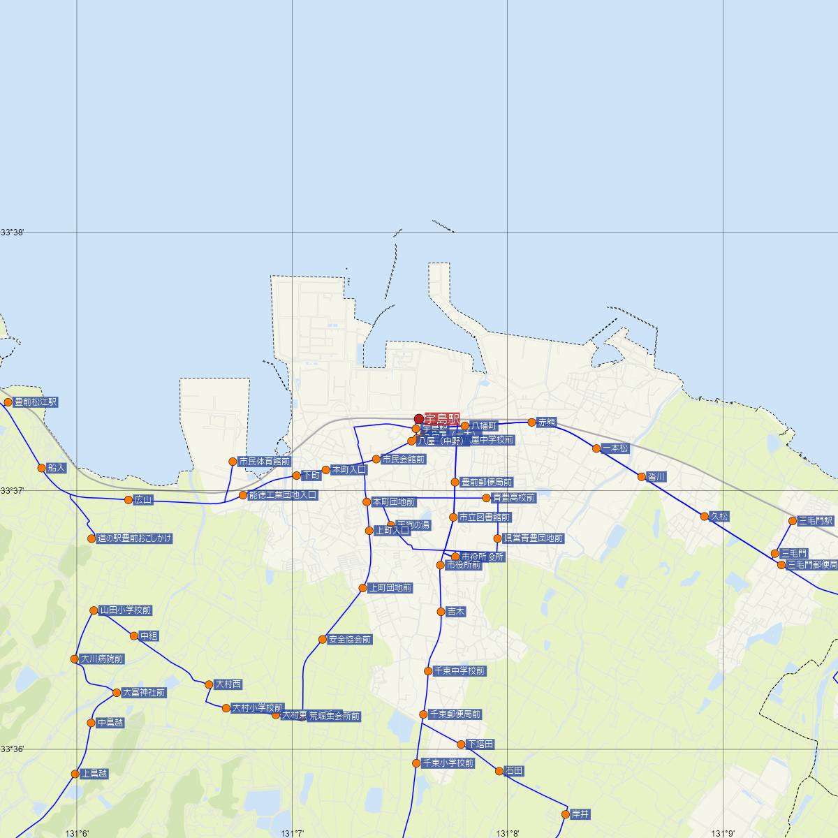 宇島駅（JR九州）周辺のバス路線図