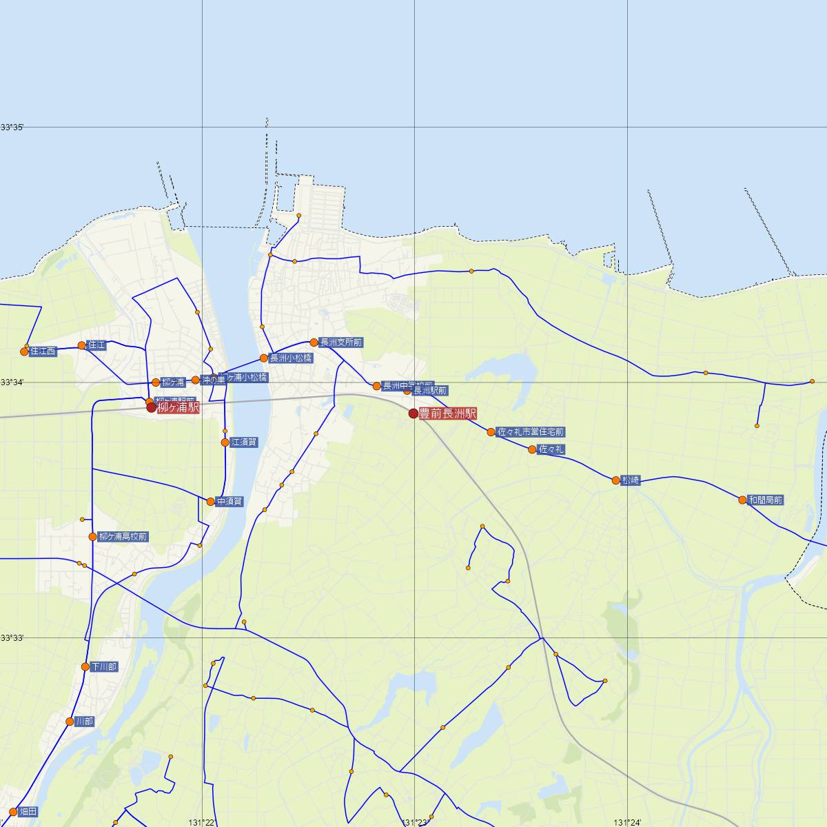 豊前長洲駅（JR九州）周辺のバス路線図