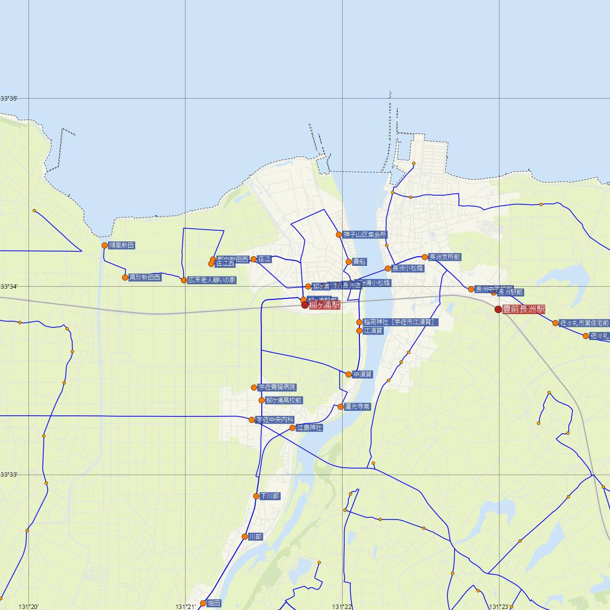 柳ヶ浦駅（JR九州）周辺のバス路線図