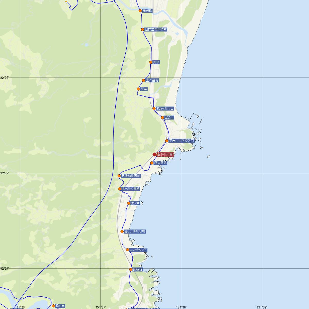 南日向駅（JR九州）周辺のバス路線図