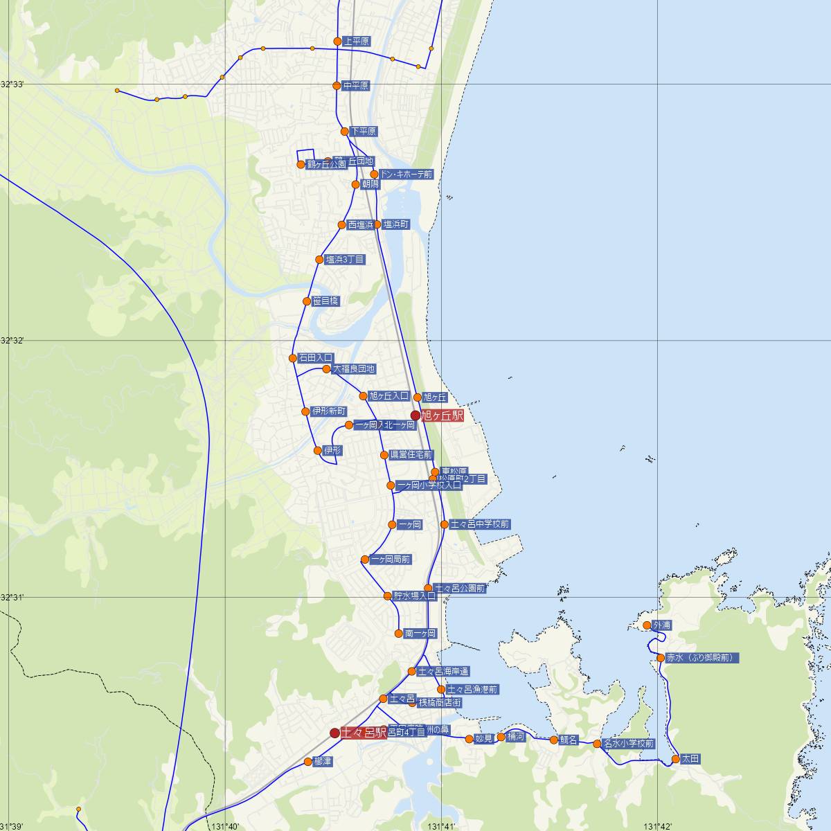 旭ヶ丘駅（JR九州）周辺のバス路線図