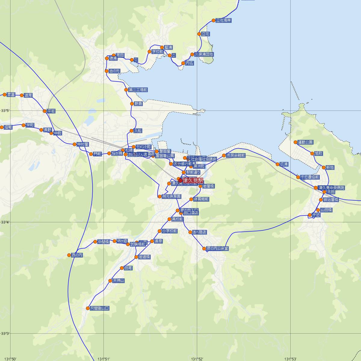 津久見駅（JR九州）周辺のバス路線図