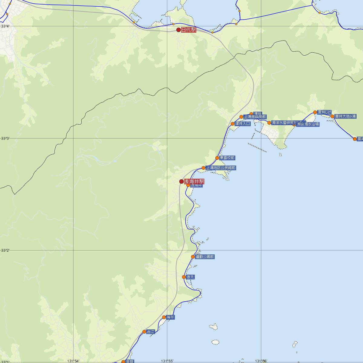 浅海井駅（JR九州）周辺のバス路線図