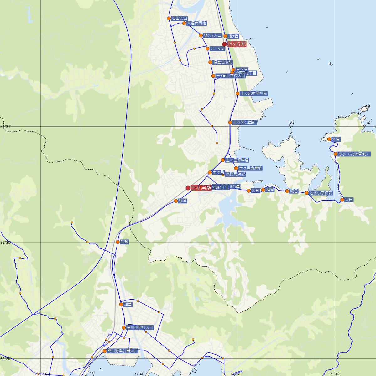 土々呂駅（JR九州）周辺のバス路線図