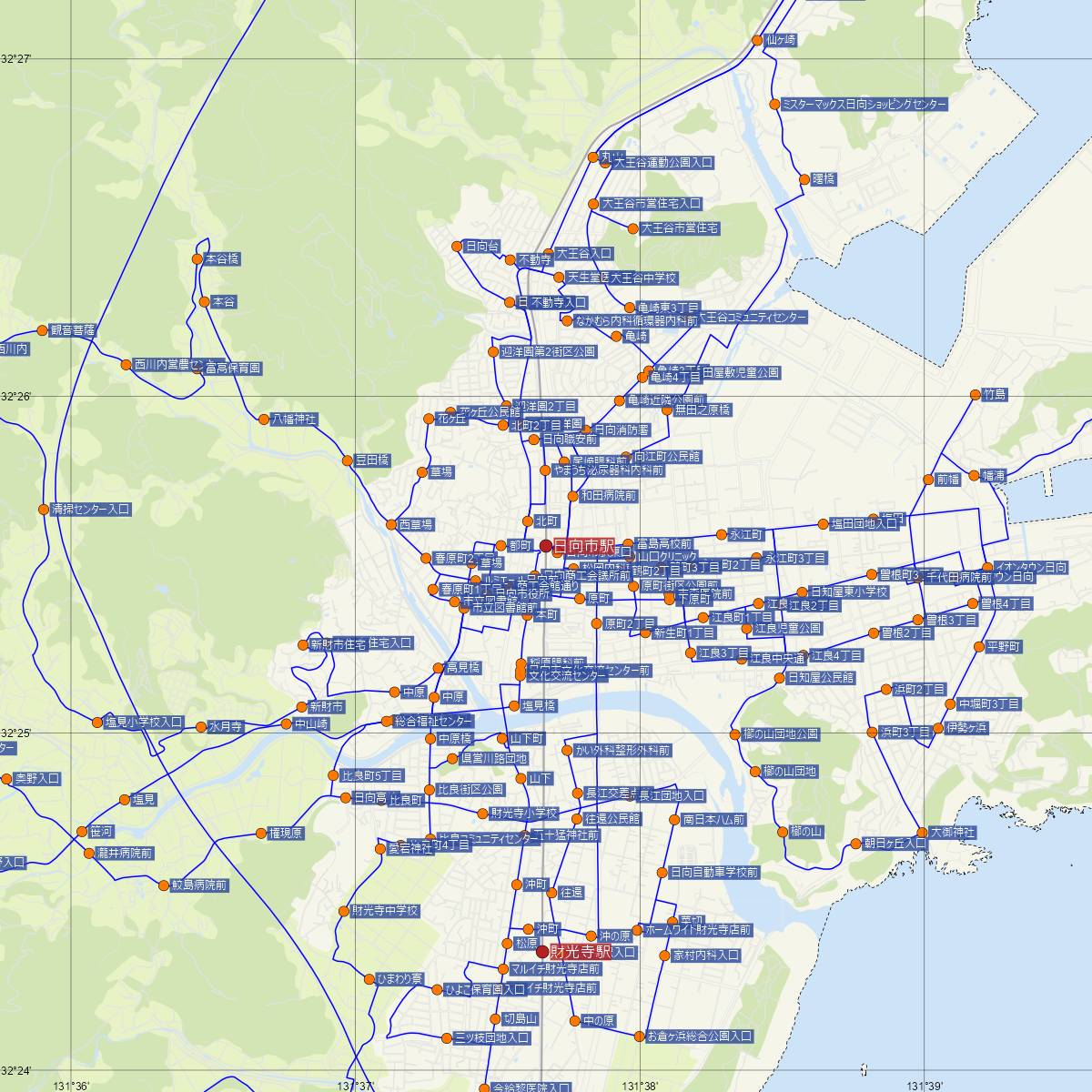 日向市駅（JR九州）周辺のバス路線図