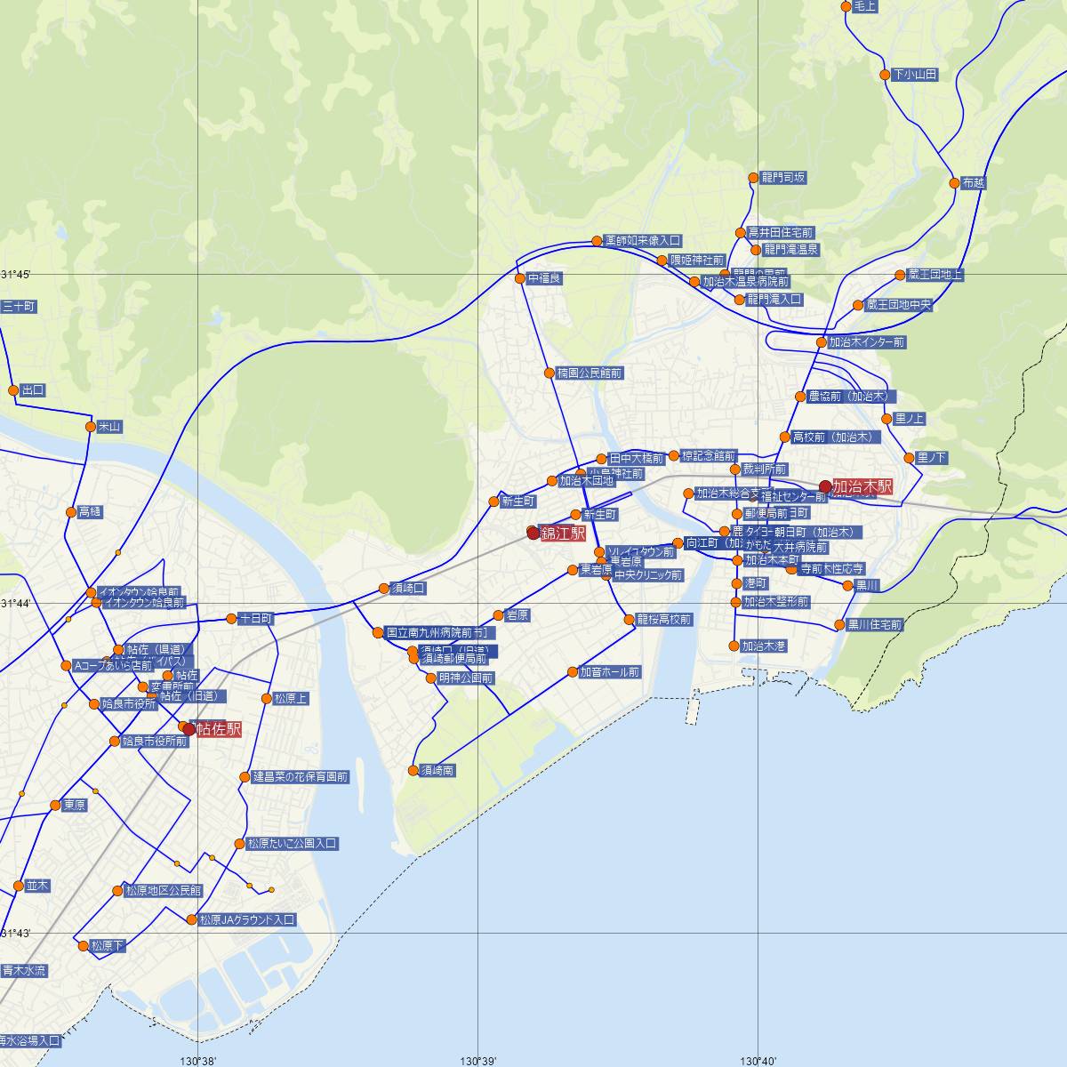 錦江駅（JR九州）周辺のバス路線図