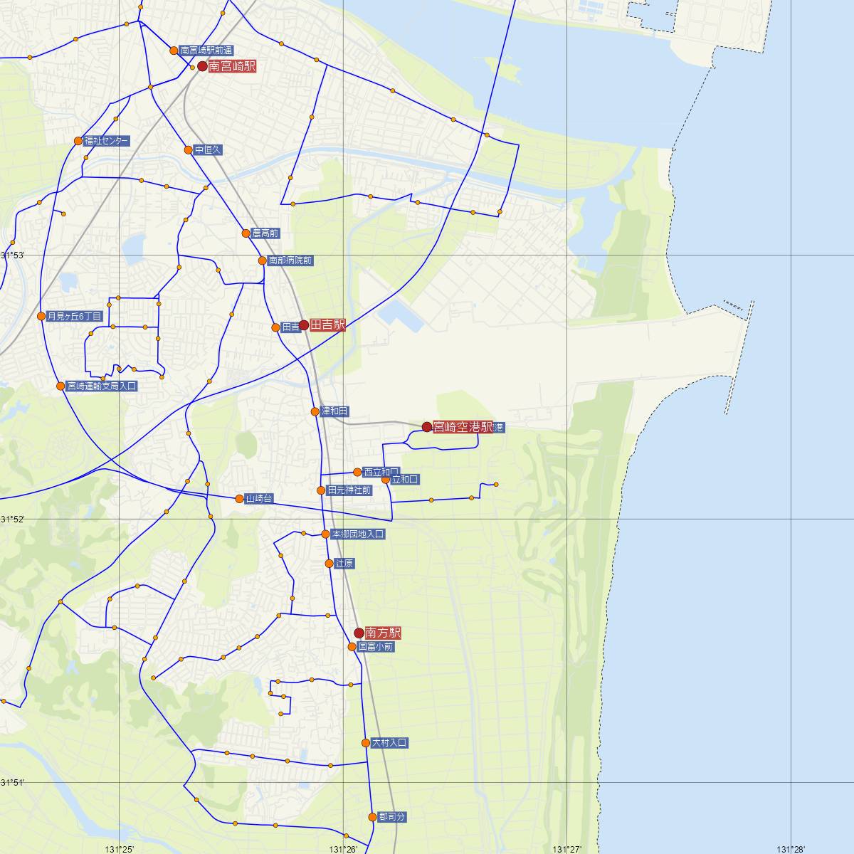 宮崎空港駅（JR九州）周辺のバス路線図