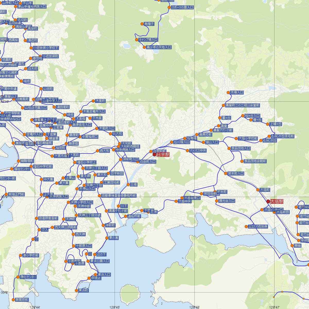 日宇駅（JR九州）周辺のバス路線図