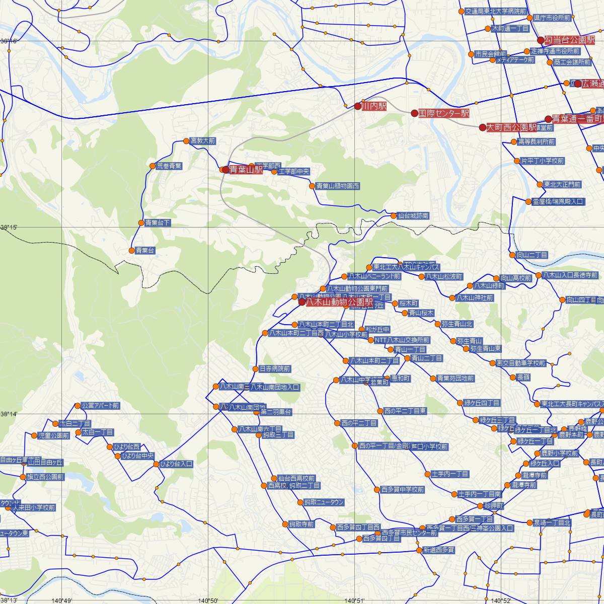 八木山動物公園駅（仙台市地下鉄）周辺のバス路線図
