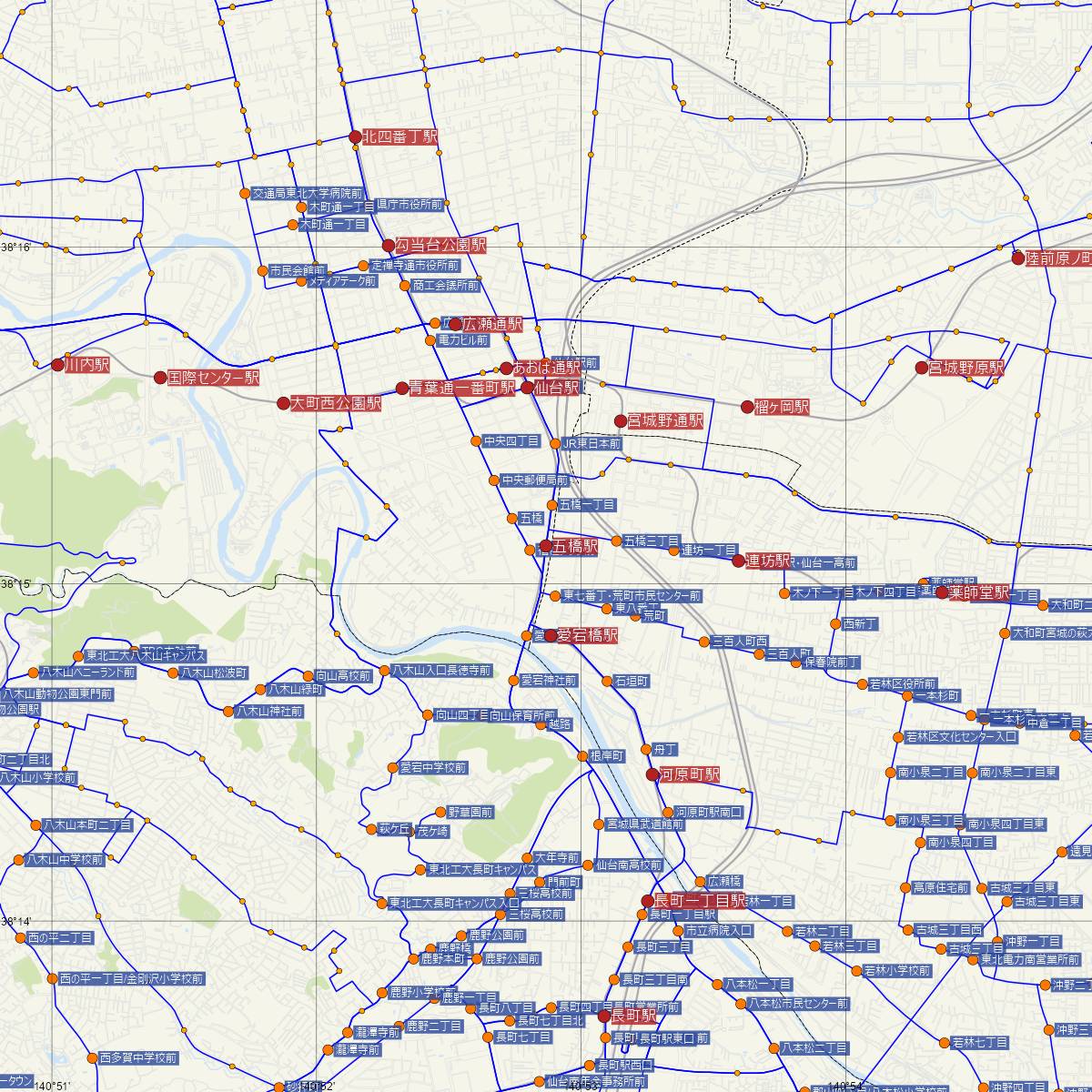 五橋駅（仙台市地下鉄）周辺のバス路線図